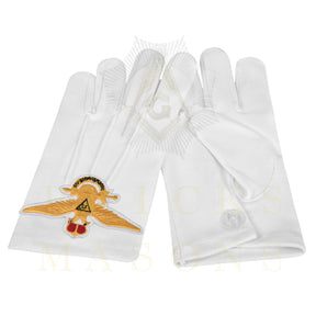 33rd Degree Scottish Rite Gloves - White Cotton Eagle Patch Wings Up - Bricks Masons