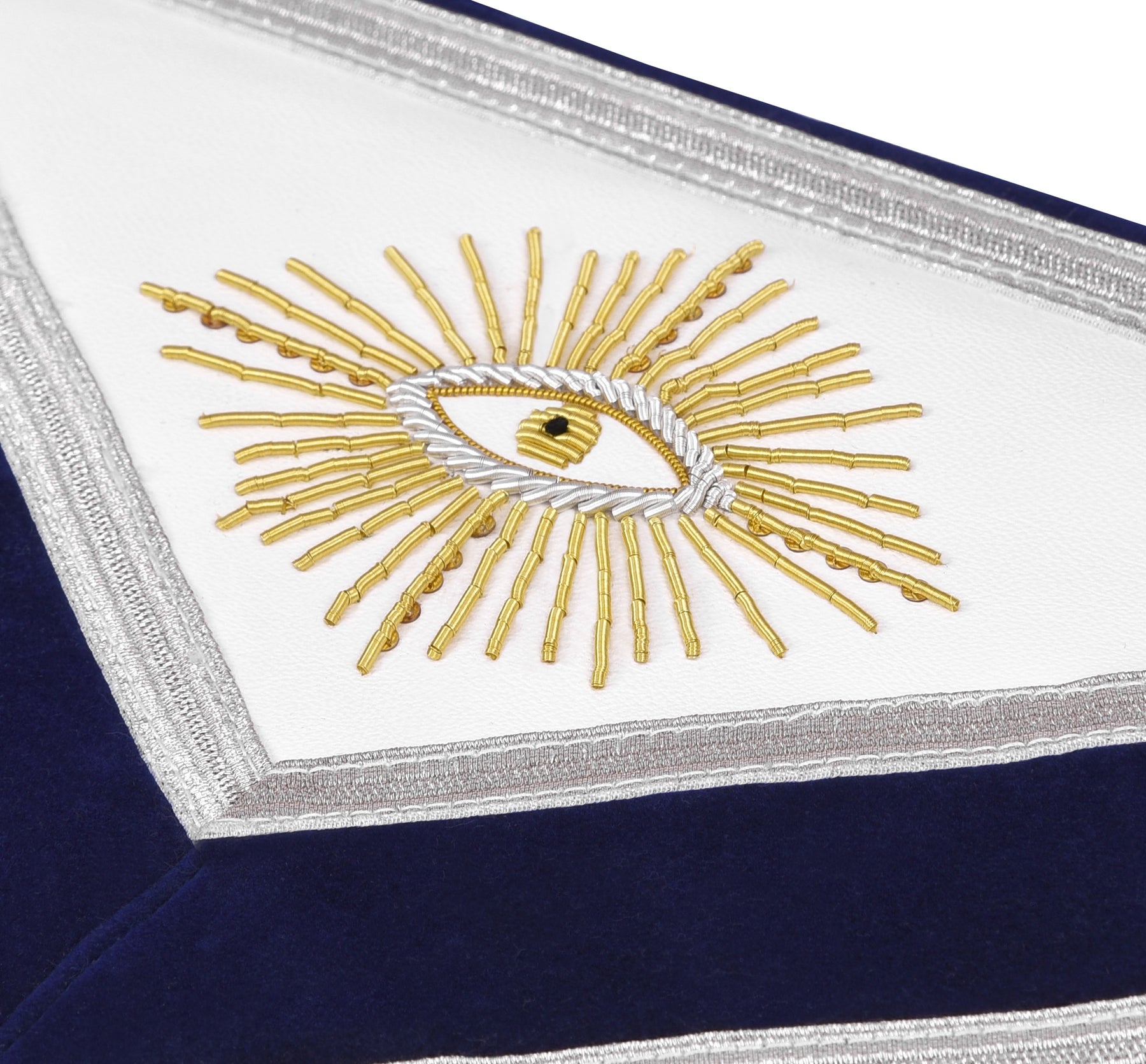 Past Master Blue Lodge Apron - Navy Velvet & Silver Bullion Hand Embroidery With Pillars - Bricks Masons