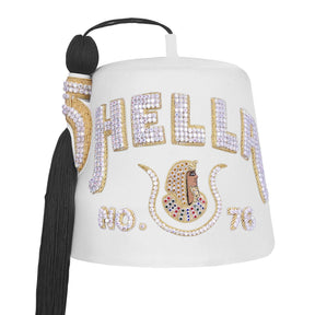 DOI PHA Fez Hat - Pure White & Gold Embroidery With Rhinestones (3 Rows as pictured)