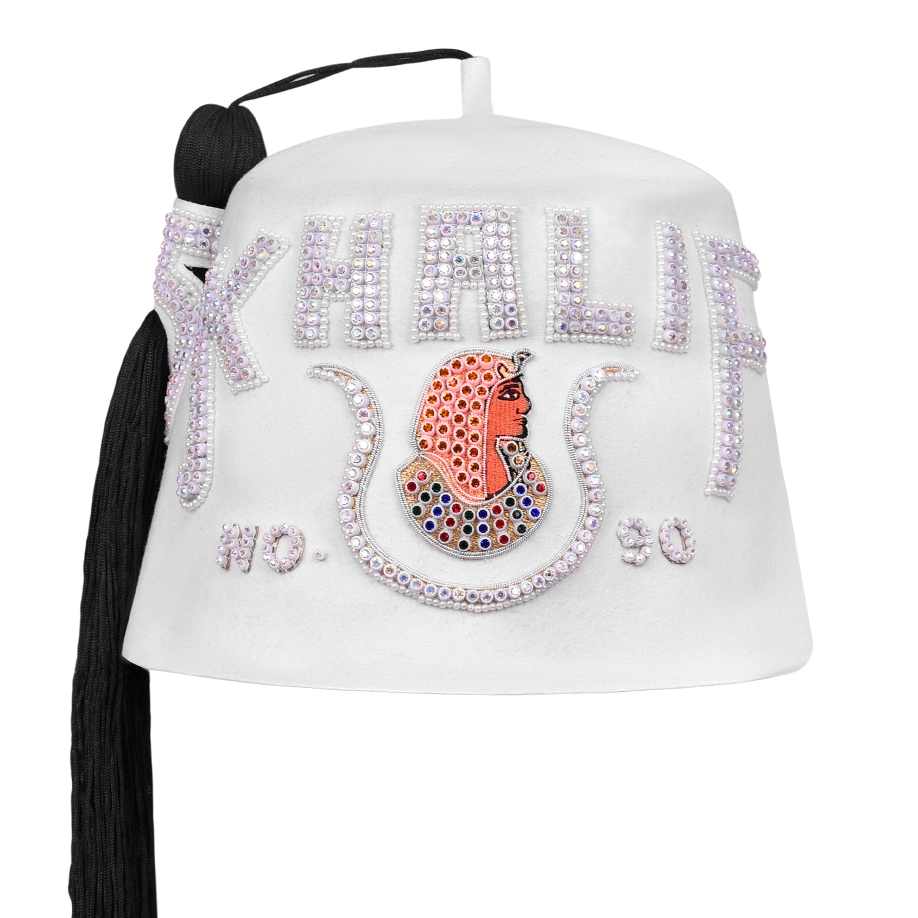 DOI Fez Hat - Pure White With Rhinestones (2 Rows as pictured) - Bricks Masons