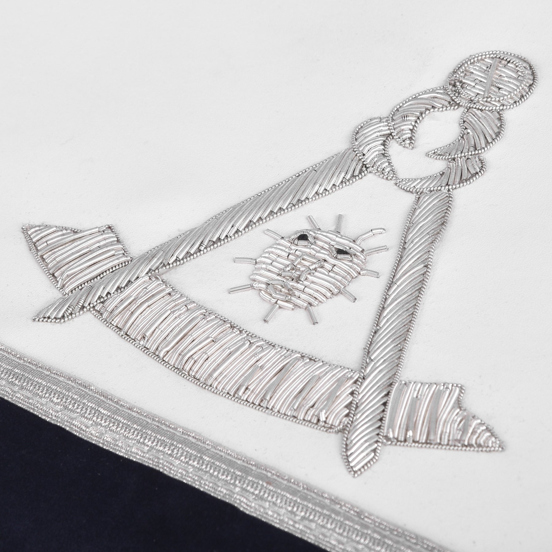 Past Master Blue Lodge Apron - Navy Velvet Borders & Silver Bullion Hand Embroidery - Bricks Masons