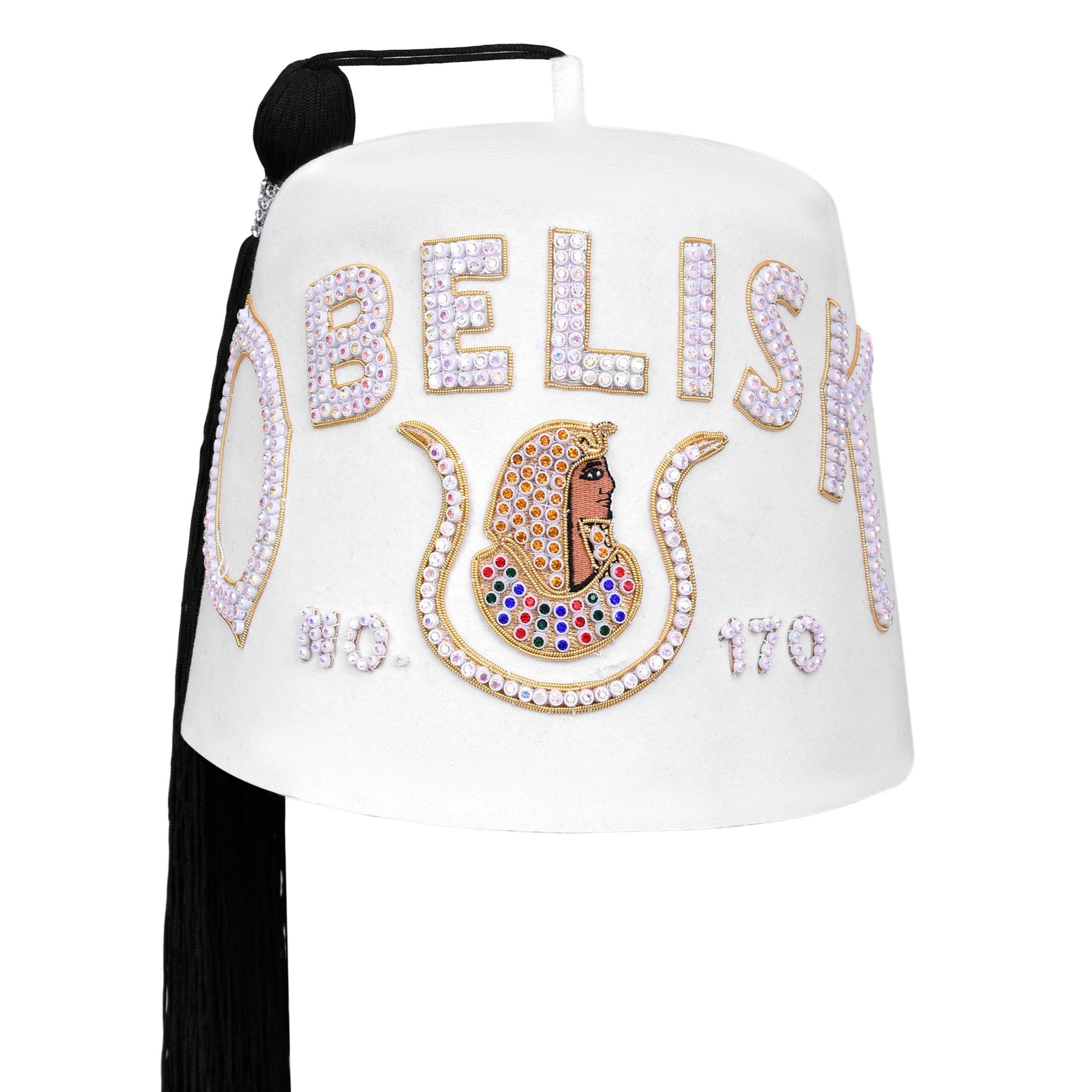 DOI Fez Hat - Pure White & Gold Embroidery With Rhinestones (2 Rows as pictured) - Bricks Masons