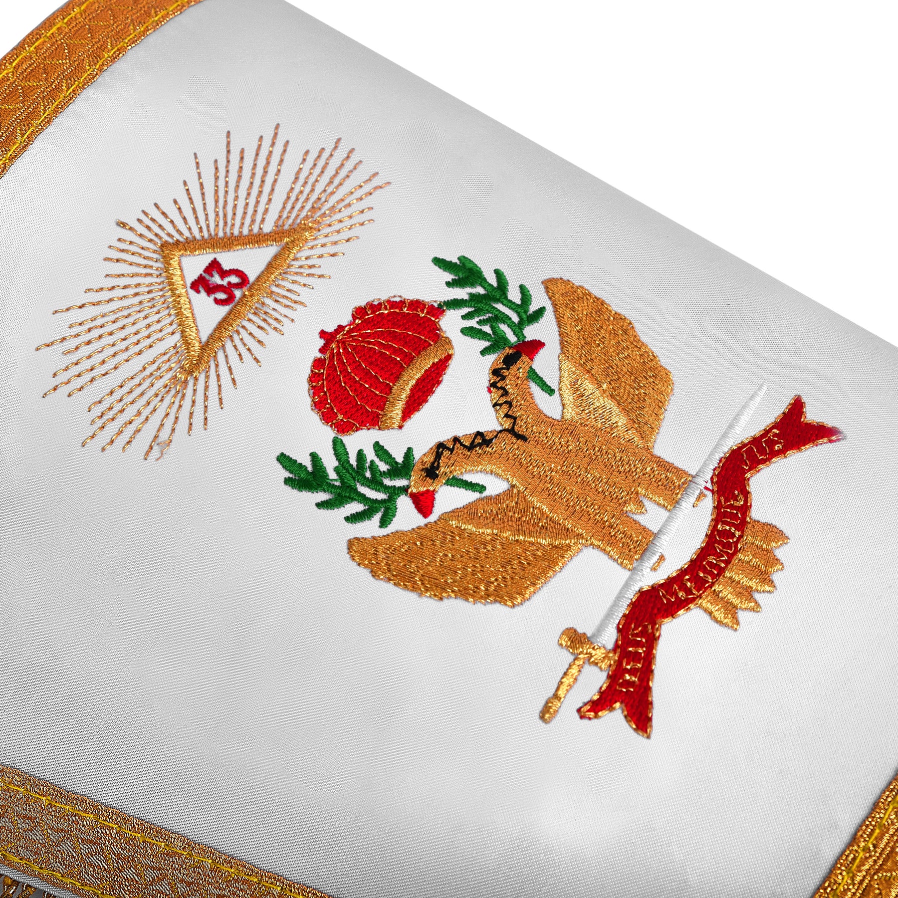 33rd Degree Scottish Rite Cuff - White Silk with Machine Embroidery Bullion - Bricks Masons