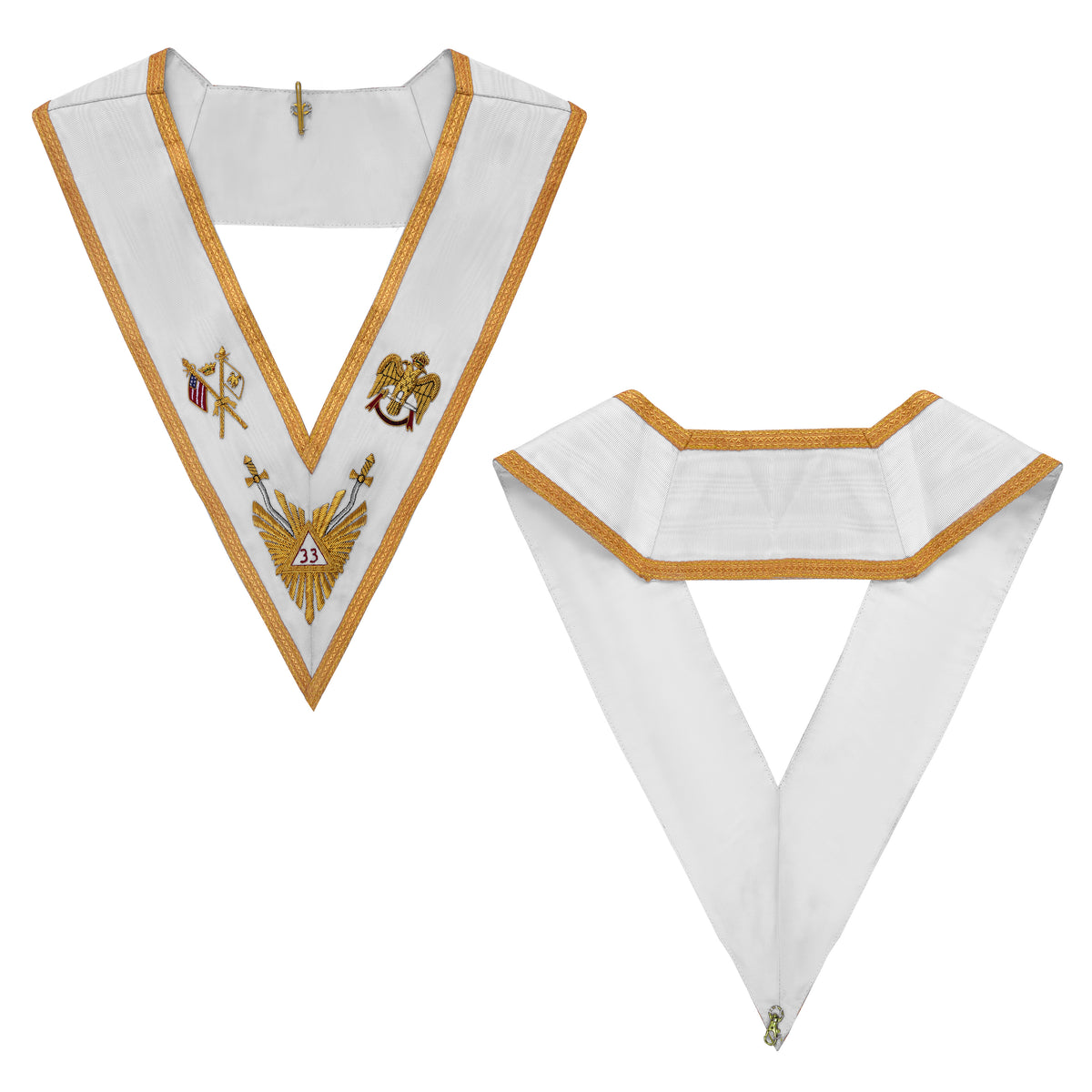 33rd Degree Scottish Rite Collar - White Ribbon with Gold Bullion Embroidery - Bricks Masons