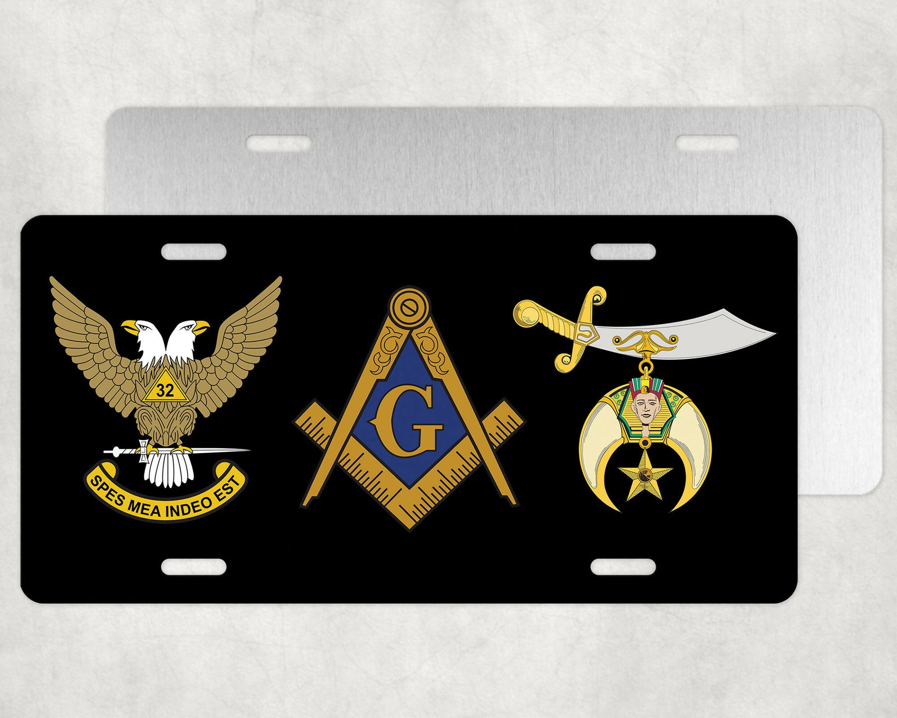 Scottish Rite Shriners Master Mason Blue Lodge License Plate Frame - High Gloss Aluminum - Bricks Masons