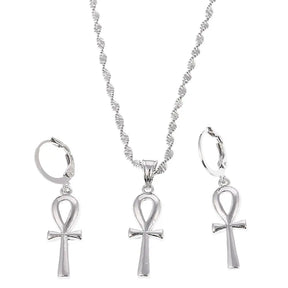 Ancient Egypt Jewelry Set - Silver Color Ankh Cross - Bricks Masons