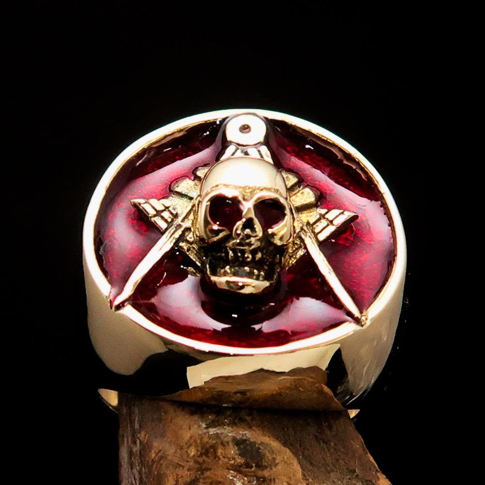 Master Mason Blue Lodge Ring - Gold & Red Brass With Skull Square and Compass