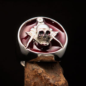 Master Mason Blue Lodge Ring - Red Sterling Silver With Skull Square Compass