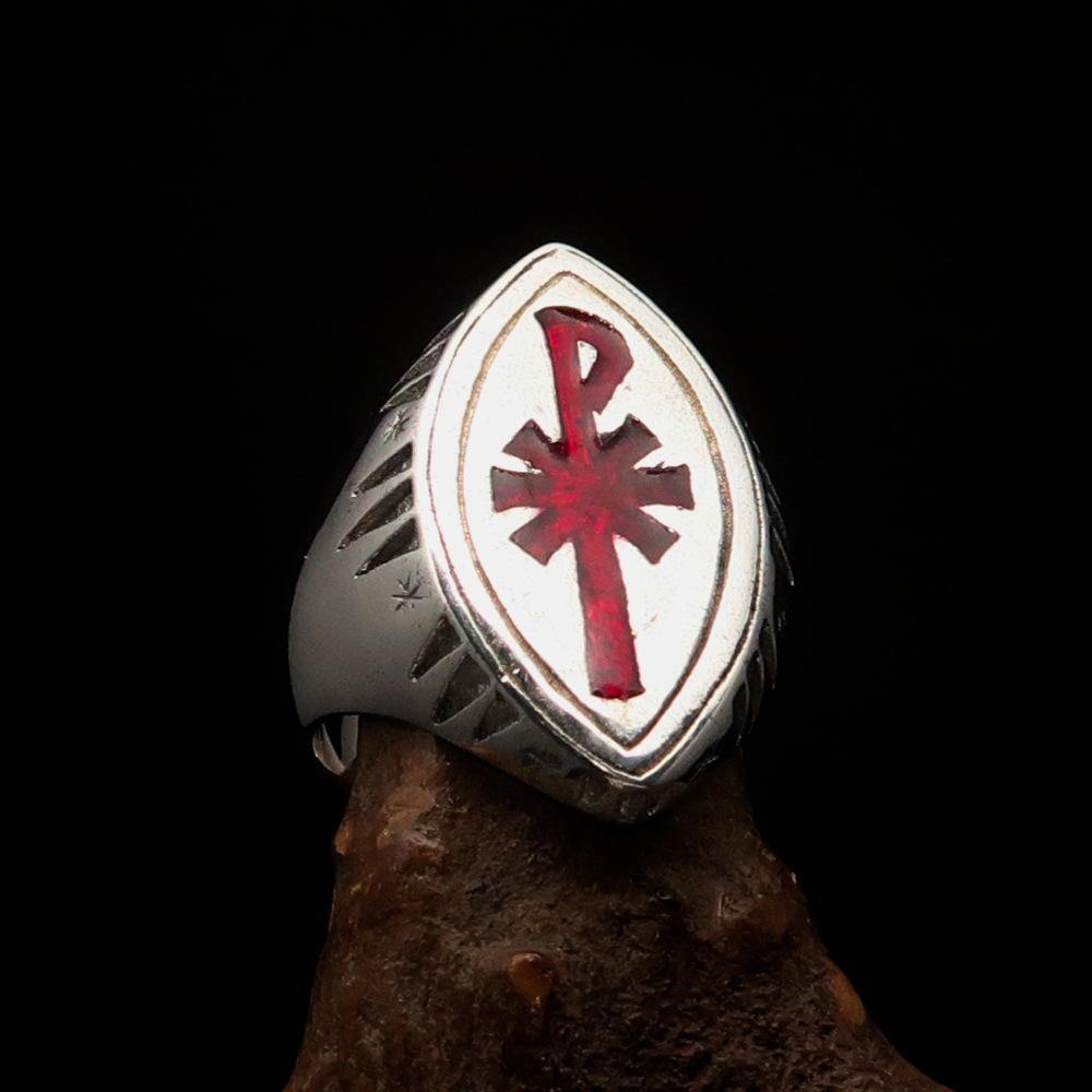 Red Cross Of Constantine Ring - Silver & Red Chi Rho Christogram Sterling Silver