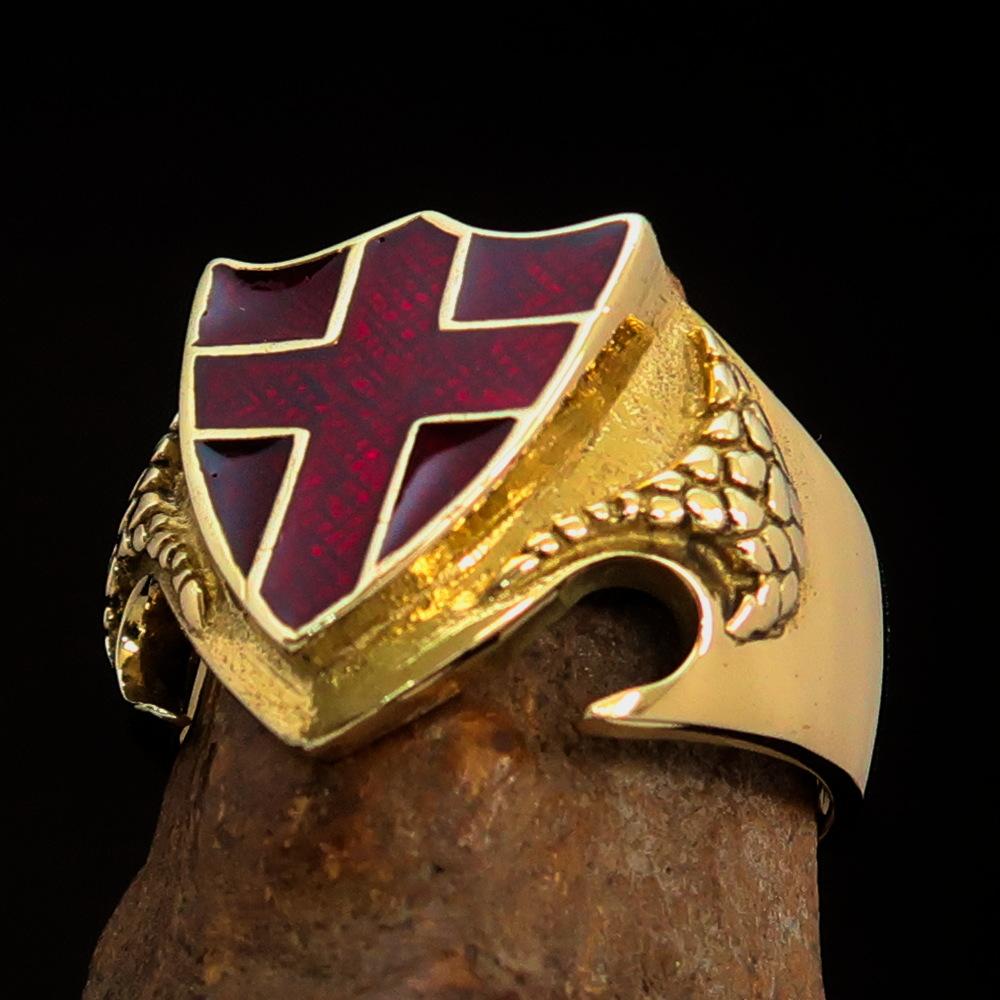 Knights Templar Commandery Ring - Brass Knight & Shield With Red Cross