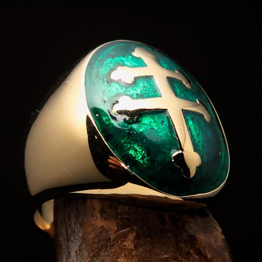 Knights Templar Commandery Ring - Green Brass Lorraine Cross