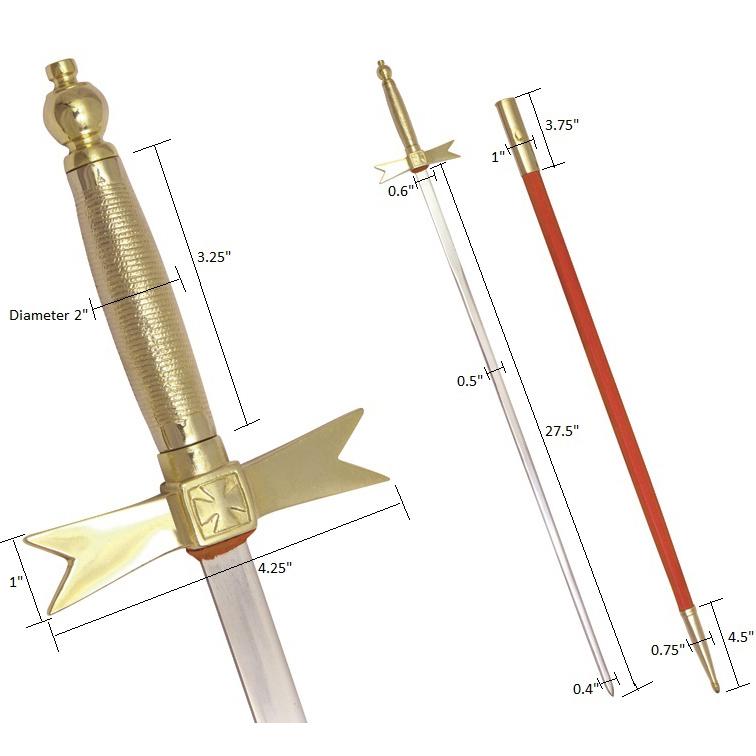 Knights Templar Commandery Sword - with Gold Hilt and Red Scabbard