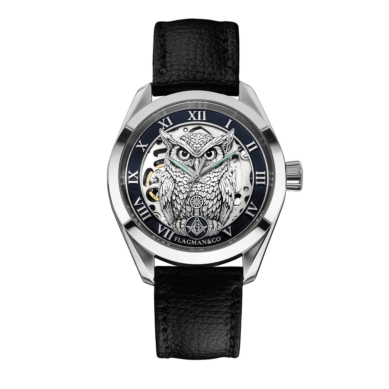 Master Mason Blue Lodge Wristwatch - Blue Bezel Owl with Square & Compasses G - Bricks Masons