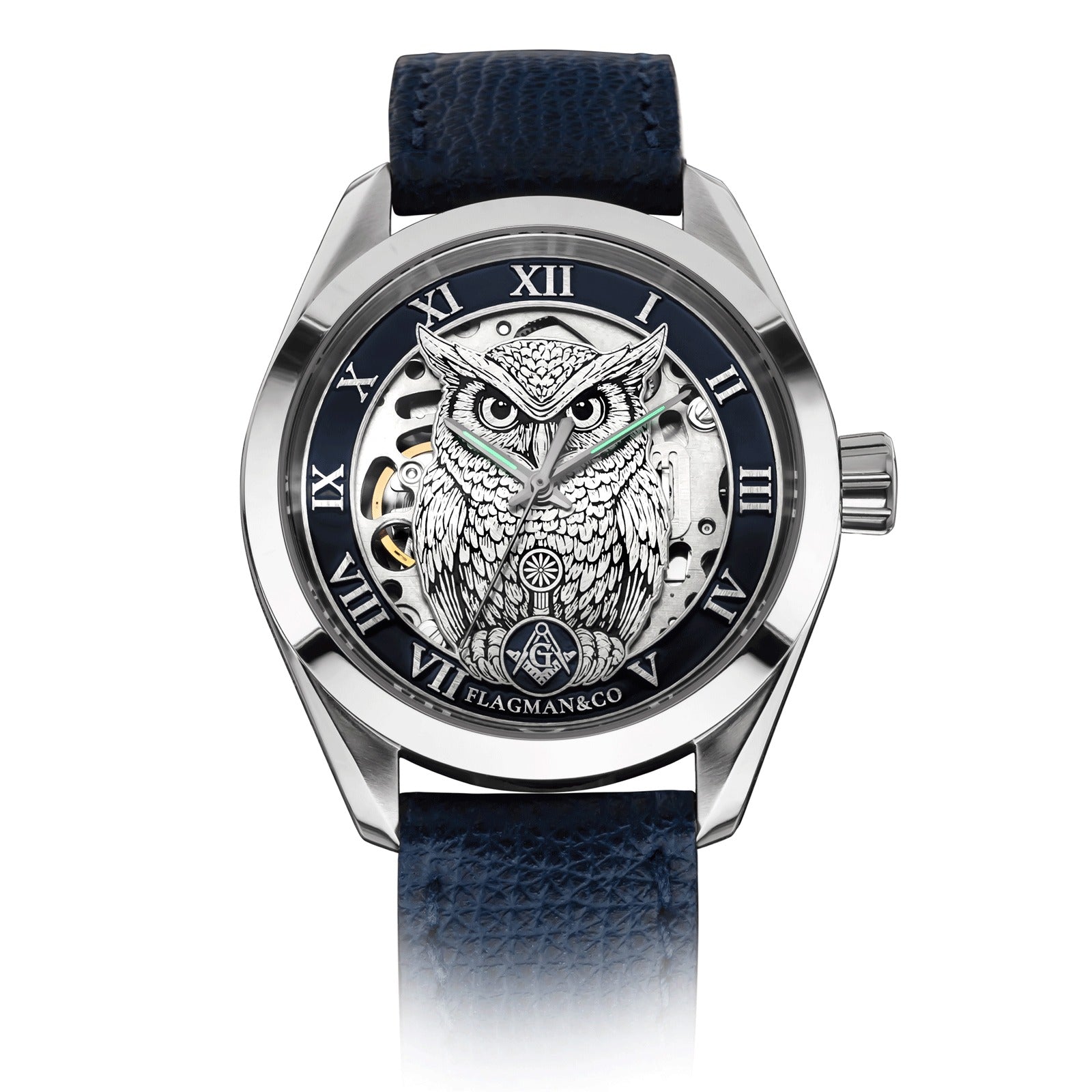 Master Mason Blue Lodge Wristwatch - Blue Bezel Owl with Square & Compasses G - Bricks Masons