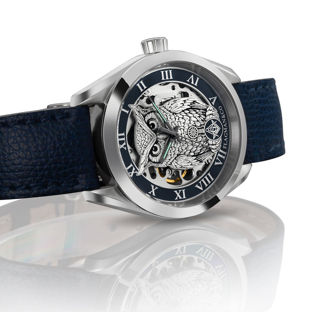 Master Mason Blue Lodge Wristwatch - Blue Bezel Owl with Square & Compasses G - Bricks Masons