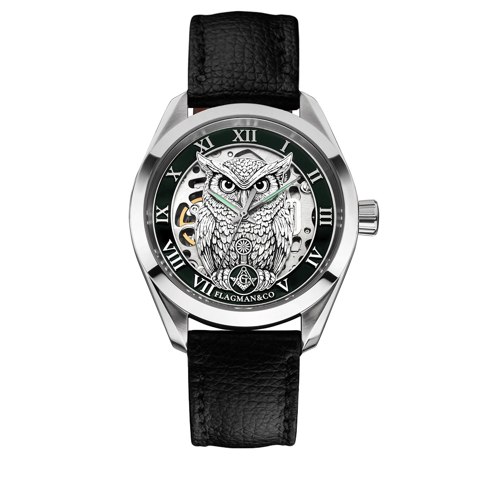 Master Mason Blue Lodge Wristwatch - Green Bezel Square & Compass G with Owl - Bricks Masons