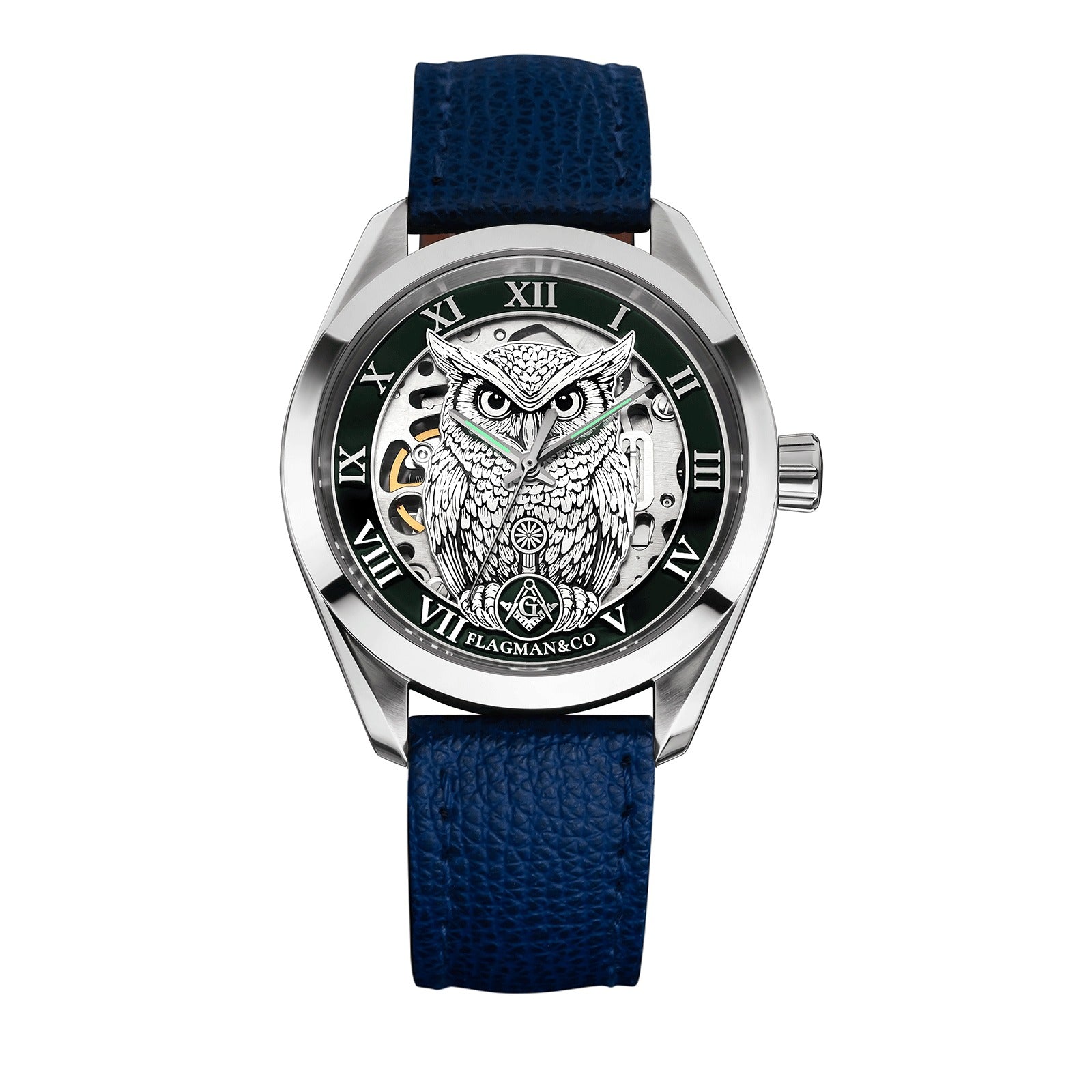 Master Mason Blue Lodge Wristwatch - Green Bezel Square & Compass G with Owl - Bricks Masons