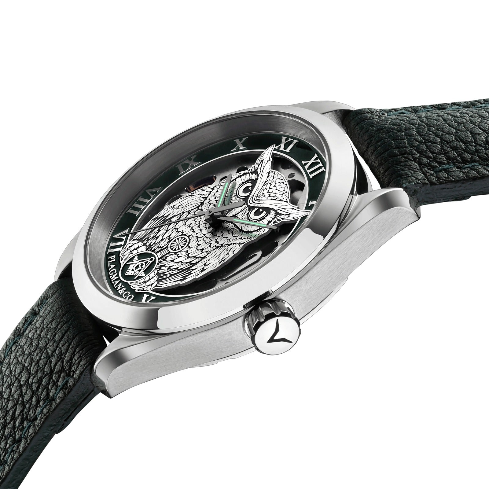 Master Mason Blue Lodge Wristwatch - Green Bezel Square & Compass G with Owl - Bricks Masons