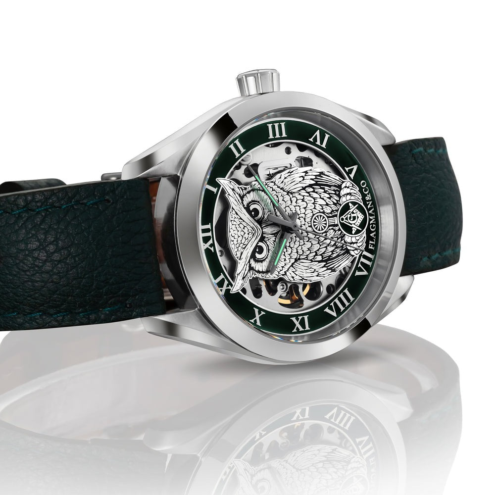 Master Mason Blue Lodge Wristwatch - Green Bezel Square & Compass G with Owl - Bricks Masons