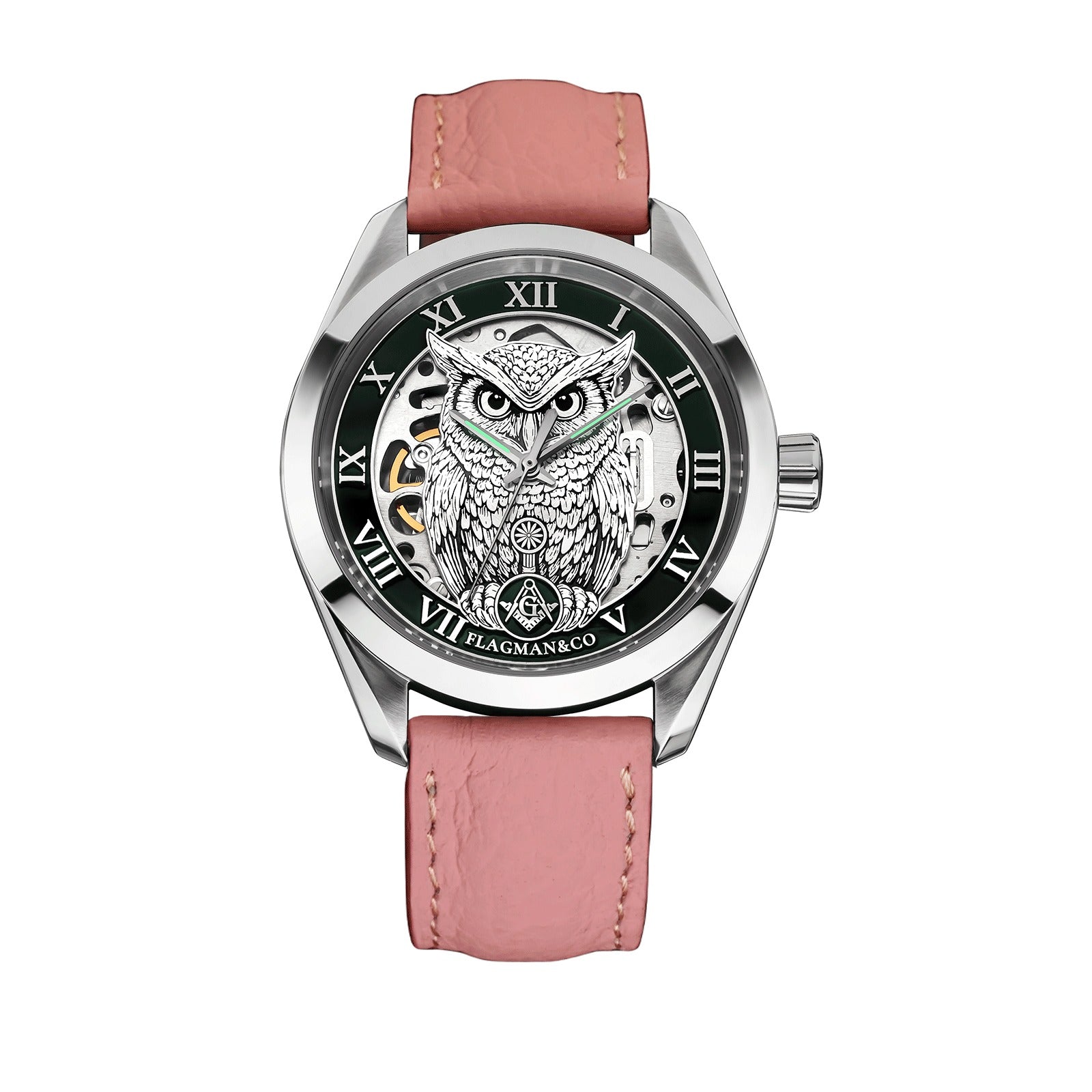 Master Mason Blue Lodge Wristwatch - Green Bezel Square & Compass G with Owl - Bricks Masons