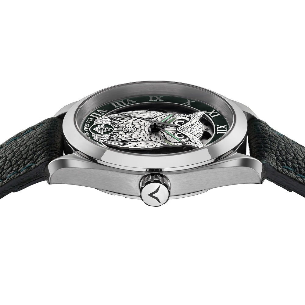 Master Mason Blue Lodge Wristwatch - Green Bezel Square & Compass G with Owl - Bricks Masons