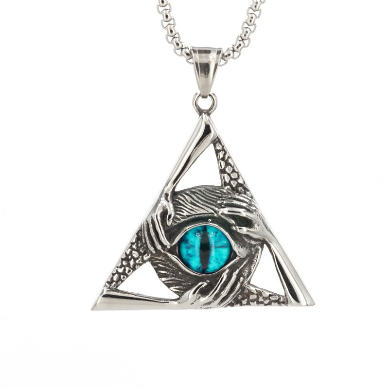 Eye Of Providence Pendant - Silver Titanium Steel Green & Blue All Seeing Eye Stone - Bricks Masons