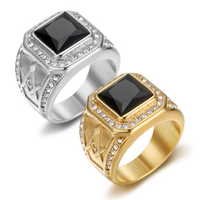 Master Mason Blue Lodge Ring - Gold Stainless Steel With Black Gemstone - Bricks Masons