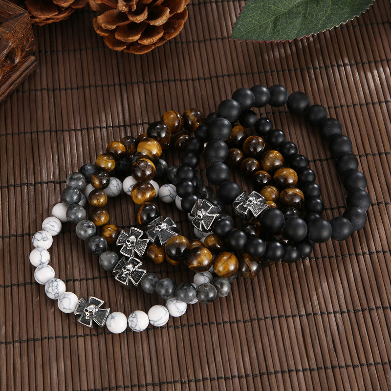 Knights Templar Commandery Bracelet - Brown 8mm Cross Onyx Gemstone - Bricks Masons