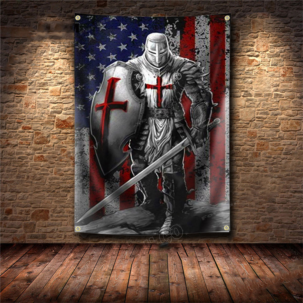 Knights Templar Commandery Flag - Knight With Shield US Flag