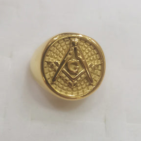 Master Mason Blue Lodge Ring - Round Embossed Stamped  Stainless Steel Gold Plated - Bricks Masons