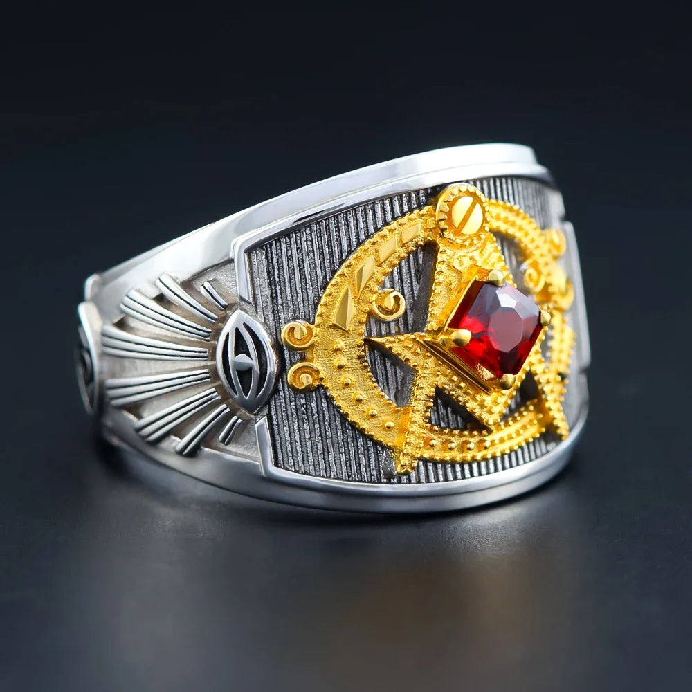 Master Mason Blue Lodge Ring - Sterling Silver Red Rhinestone - Bricks Masons