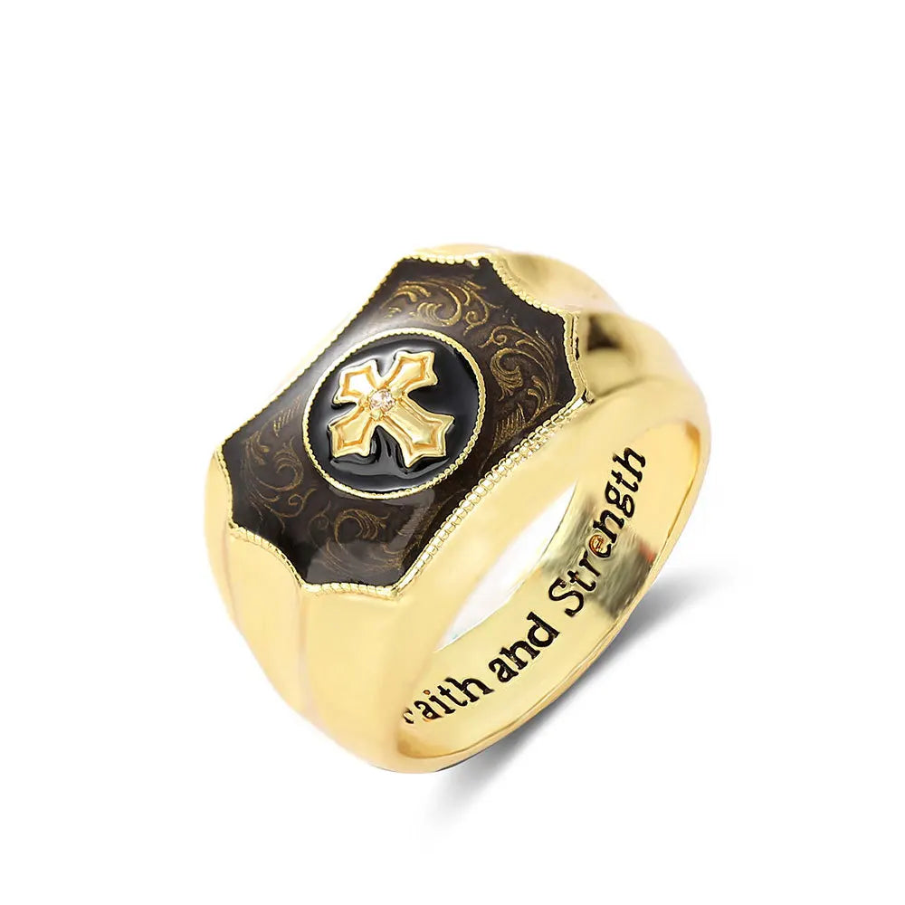 Knights Templar Commandery Ring - Yellow Gold Black Cross - Bricks Masons