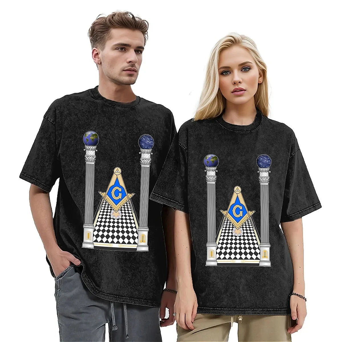 Master Mason Blue Lodge T-Shirt - Square & Compass With Pillars