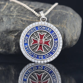 Knights Templar Pendant - Convexity Round Red Cross Frame Sword Sterling Silver - Bricks Masons