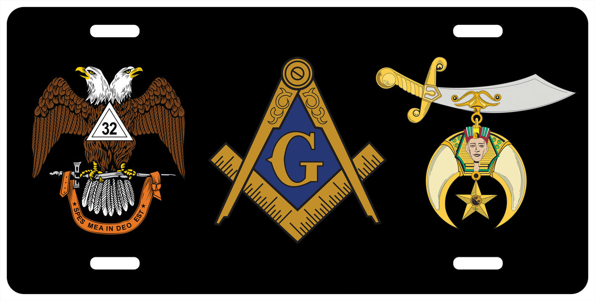Scottish Rite Shriners Master Mason Blue Lodge License Plate Frame - High Gloss Aluminum - Bricks Masons