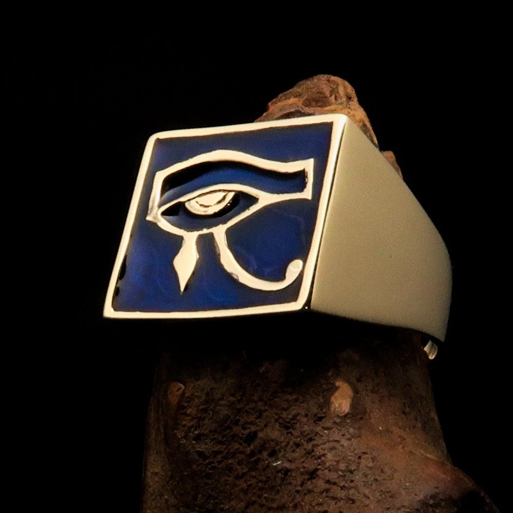Ancient Egypt Keychain - Blue Squared Eye of Horus Solid Brass - Bricks Masons