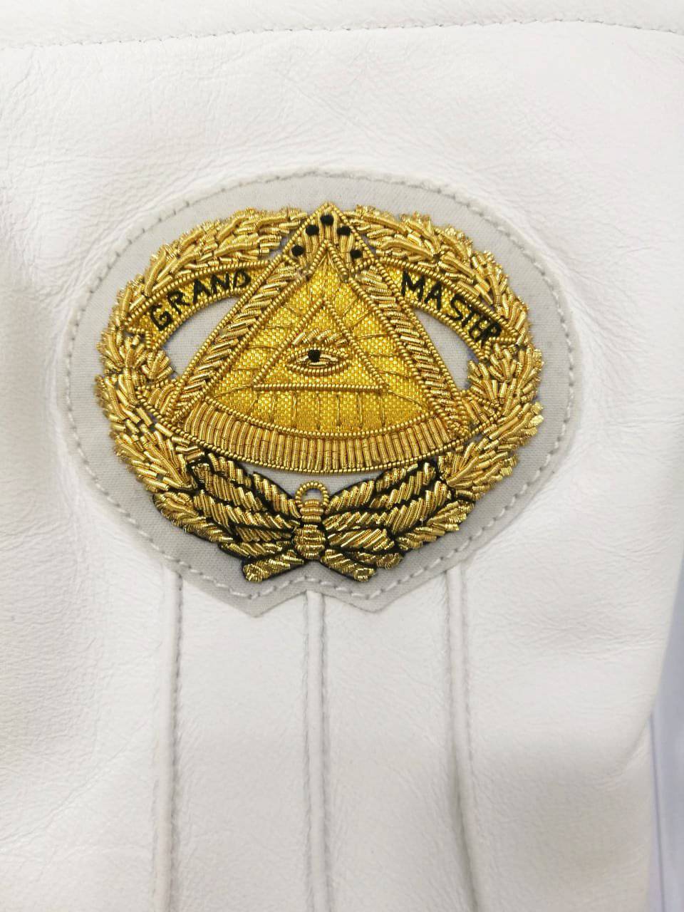 Grand Master Blue Lodge Gloves - White Leather with Gold Hand Embroidered Emblem - Bricks Masons