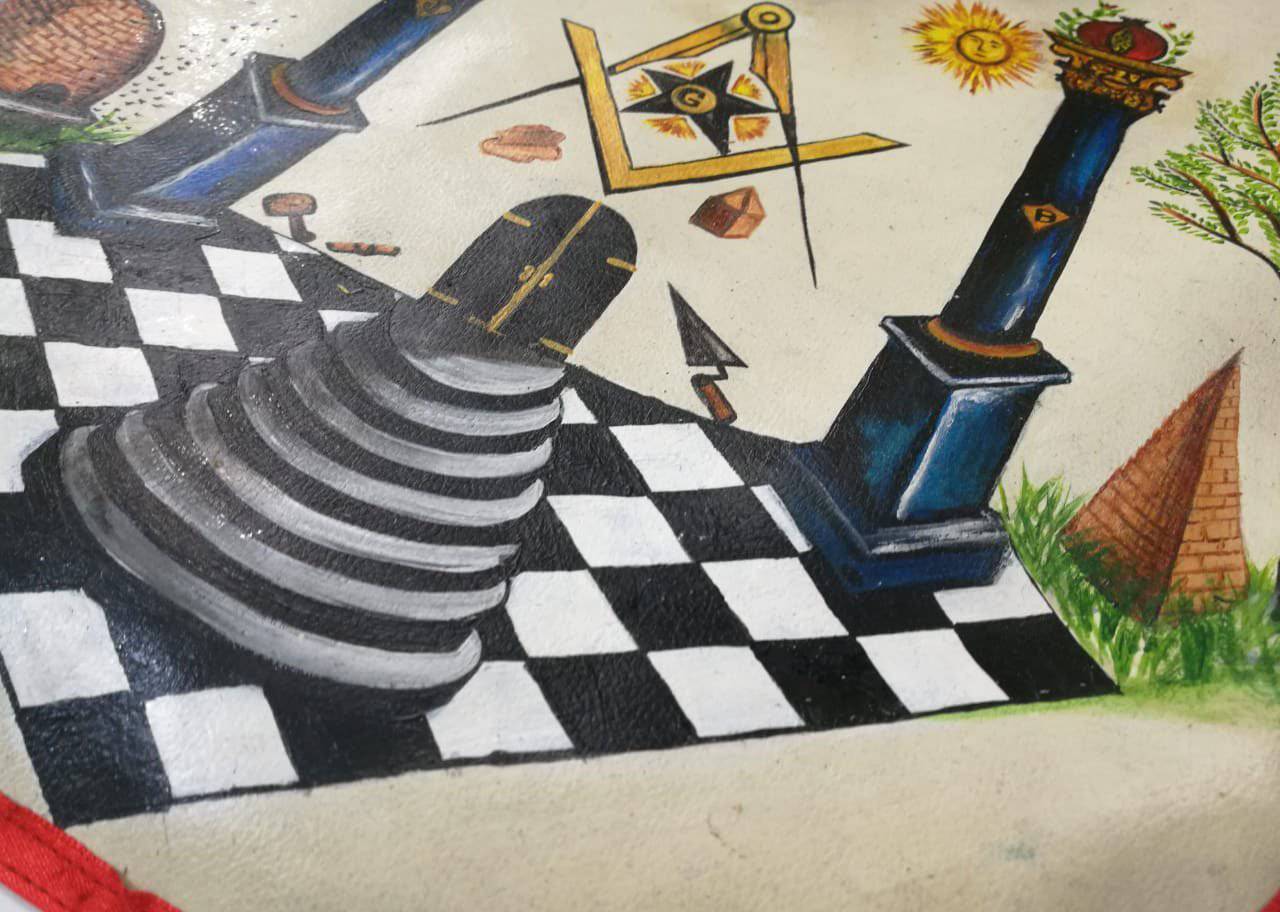 Hand-Painted Apron - Lambskin The Two Pillars of Jachin and Boaz - Bricks Masons