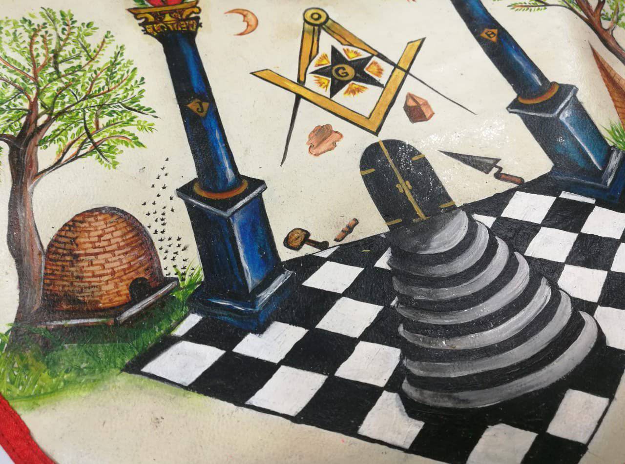 Hand-Painted Apron - Lambskin The Two Pillars of Jachin and Boaz - Bricks Masons