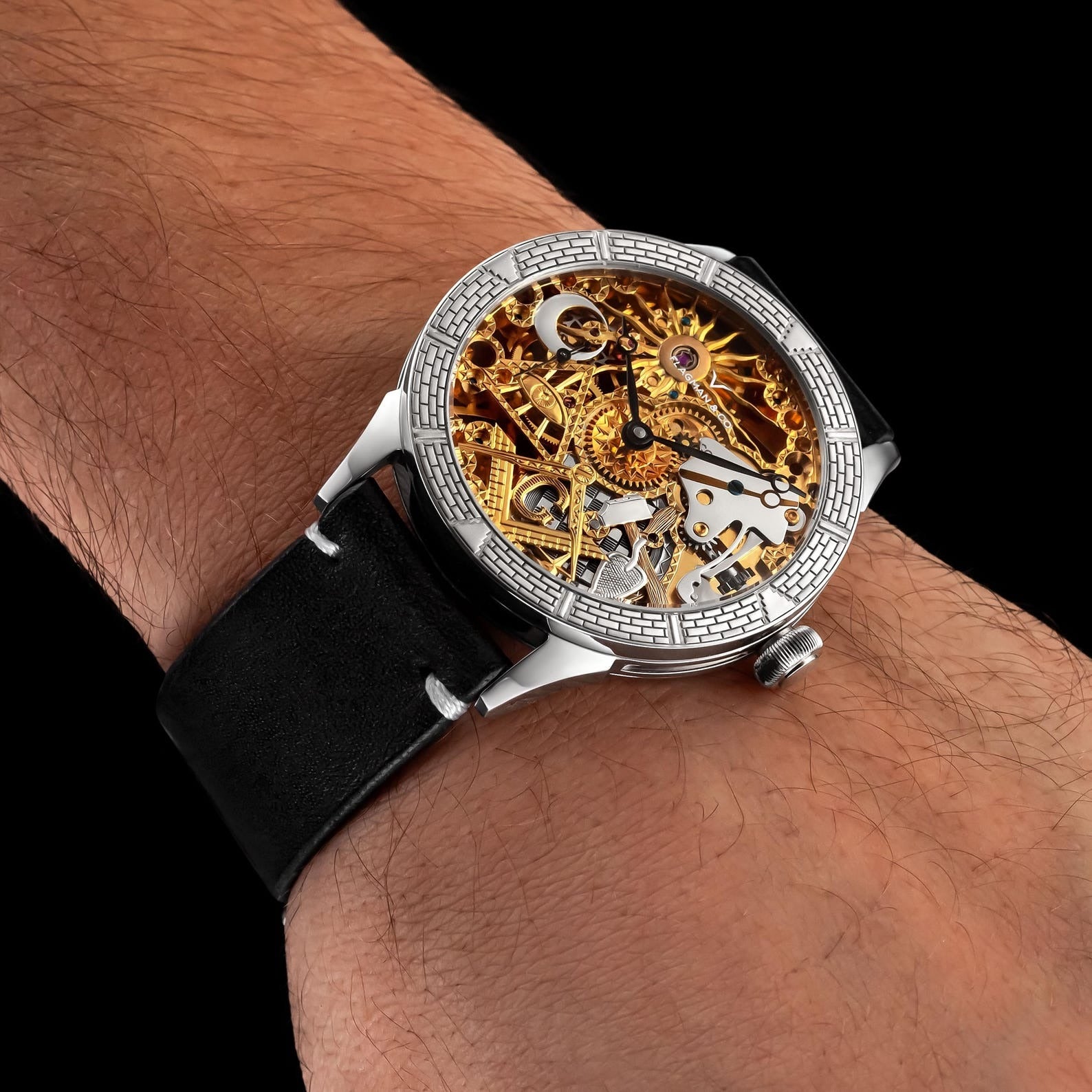 Master Mason Blue Lodge Wristwatch - Gold & Silver Masonic Symbols Skeleton - Bricks Masons