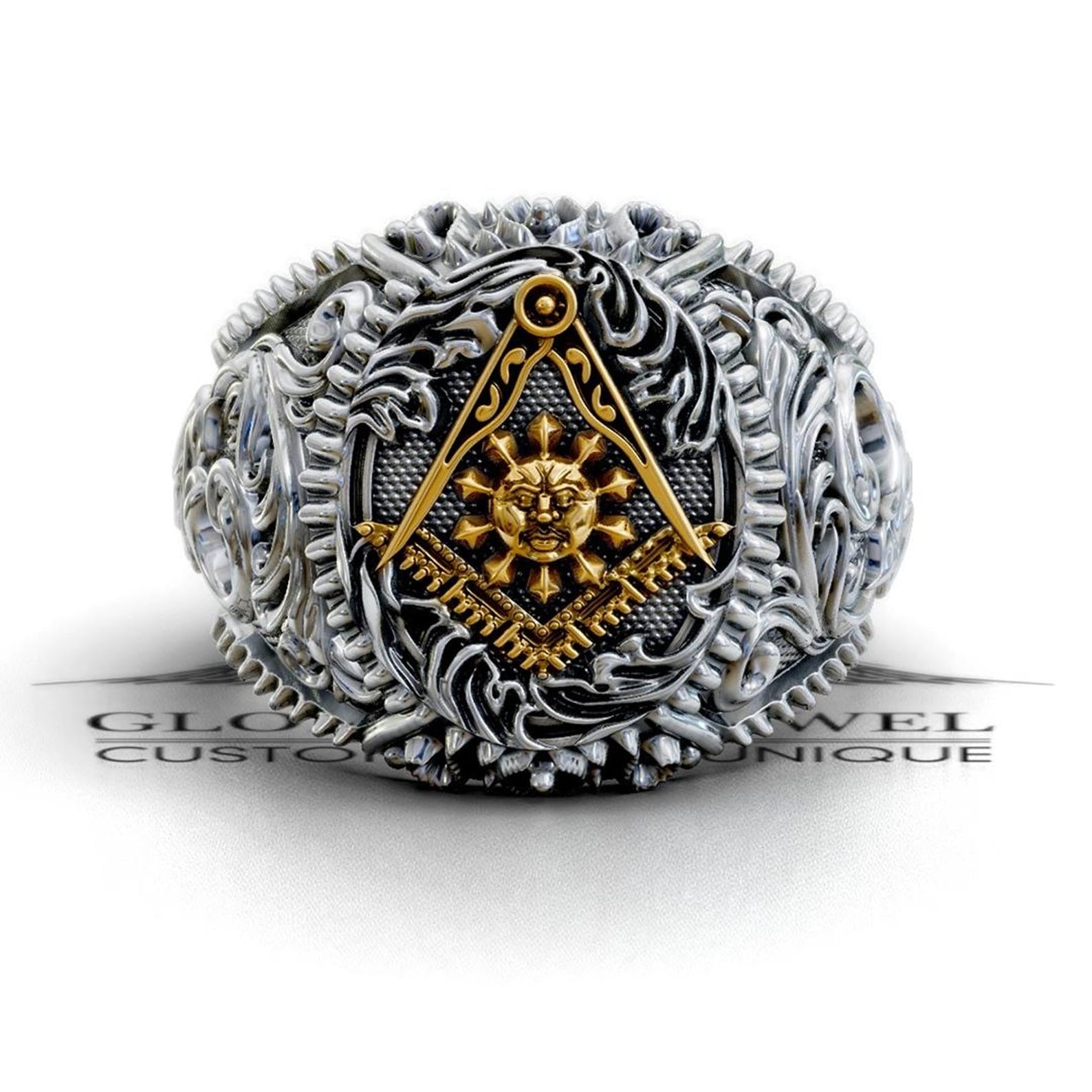 Master Mason Blue Lodge Ring - Square & Compass With Sun Various Materials - Bricks Masons