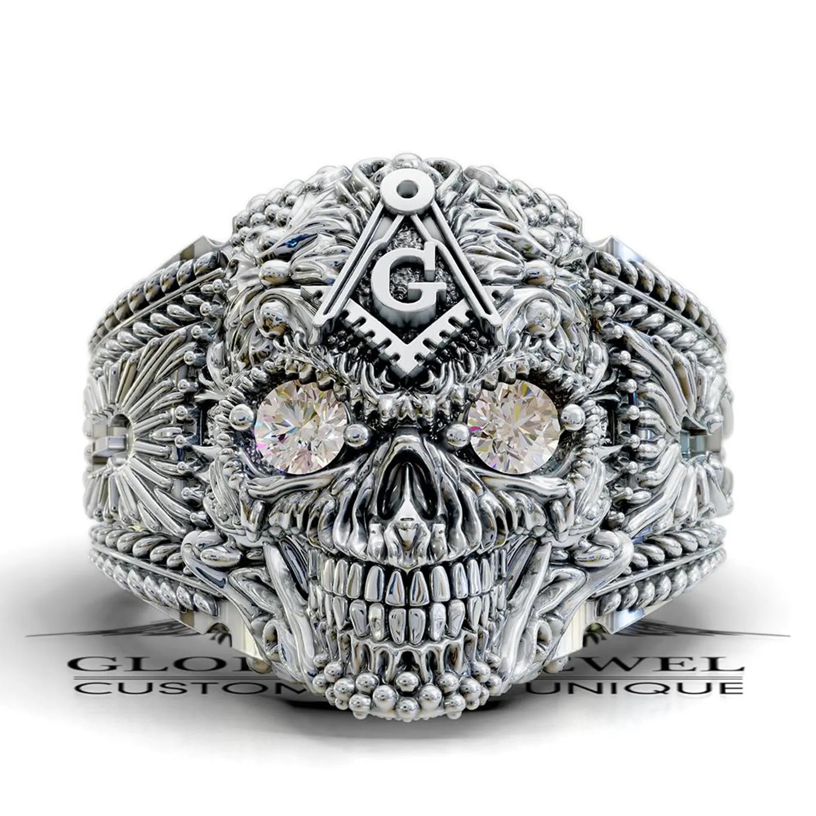 Master Mason Blue Lodge Ring - Skull With Stones S & C - Bricks Masons