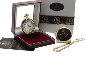 Master Mason Blue Lodge Pocket Watch - 24K Gold Clad Custom Engraving Luxury Gift - Bricks Masons