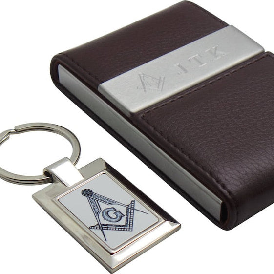 Master Mason Blue Lodge Credit Card Holder - With A Silver Keyring Custom Engraving Initials - Bricks Masons