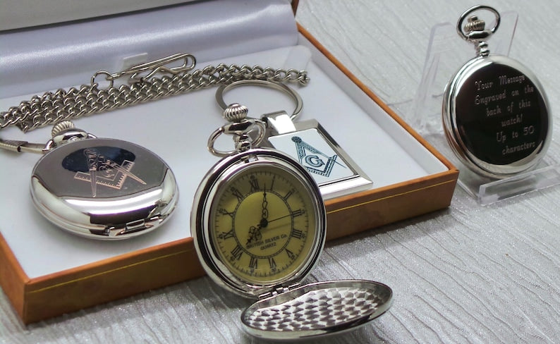 Master Mason Blue Lodge Pocket Watch - With Keyring Gift Set Case & Certificate Custom Engraved - Bricks Masons