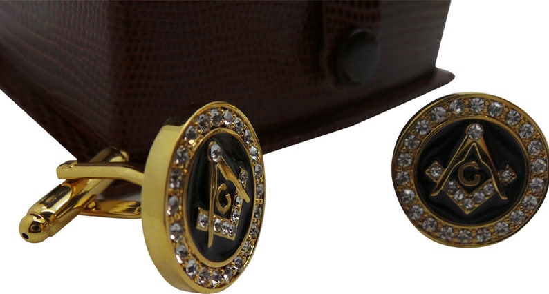 Master Mason Blue Lodge Cufflinks - Gold Crystal Luxury Set - Bricks Masons