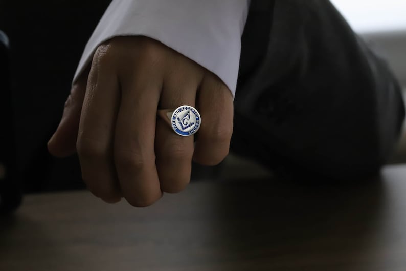 Master Mason Blue Lodge Ring - Silver Blue Enamel 925 Sterling Silver - Bricks Masons