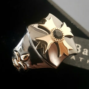 Order Of Malta Ring - Blackened Sterling Silver Blue-Green Sapphire - Bricks Masons