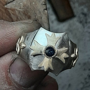 Order Of Malta Ring - Gold & Blue green Sapphire - Bricks Masons