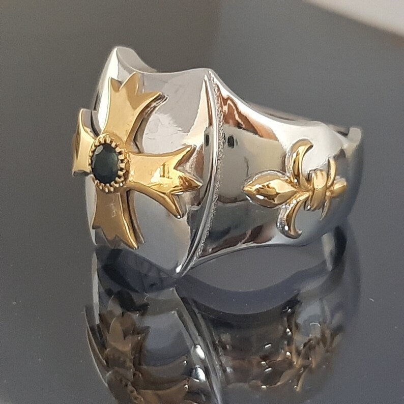 Order Of Malta Ring - Gold & Blue green Sapphire - Bricks Masons